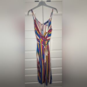SEE DETAILS - NWT Francesca's Blue Rain Large Rainbow Dress w/ Belted Waist Tie
